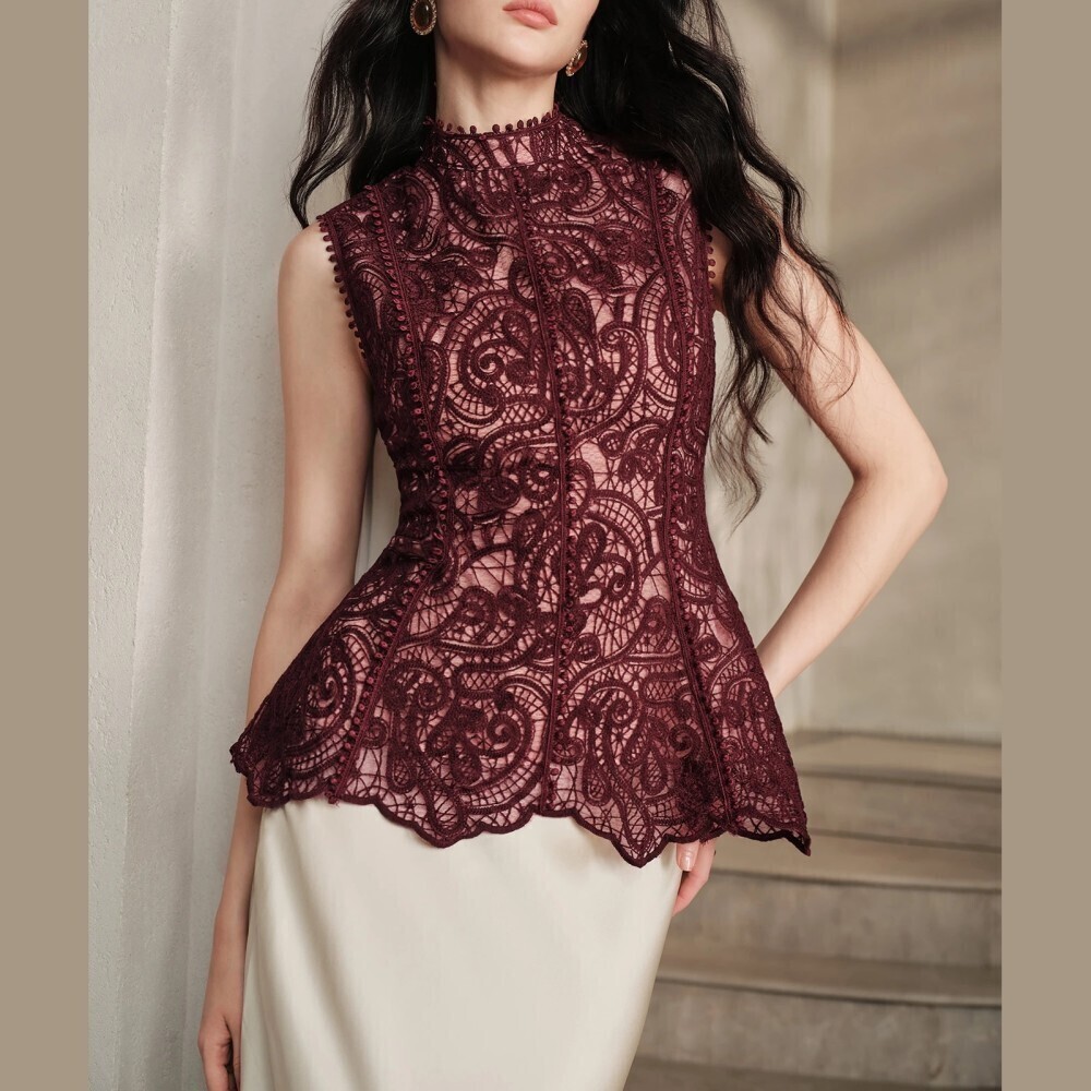 Burgundy Crochet Lace Scalloped Hem Mock Neck Peplum Tank Top